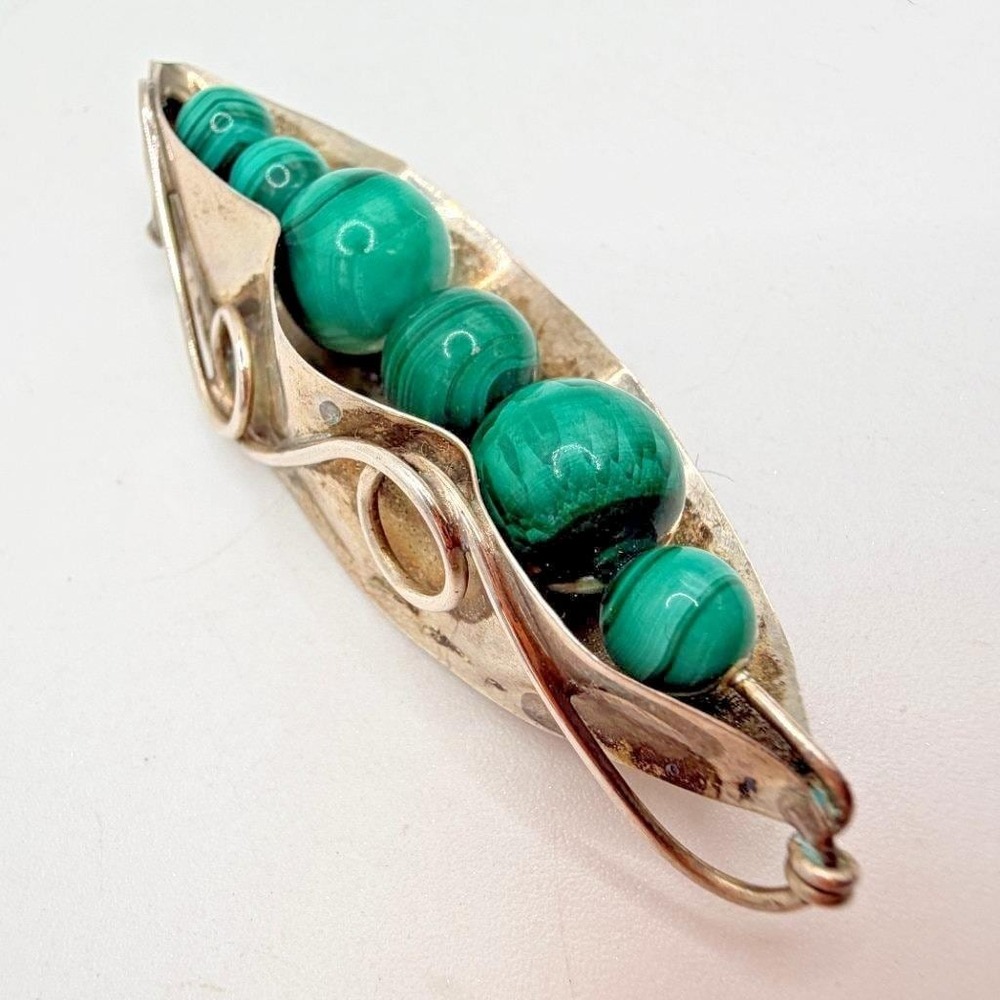 Sterling Silver Malachite Brooch Pea in the Pod 2.5" Great Falls Metal Works